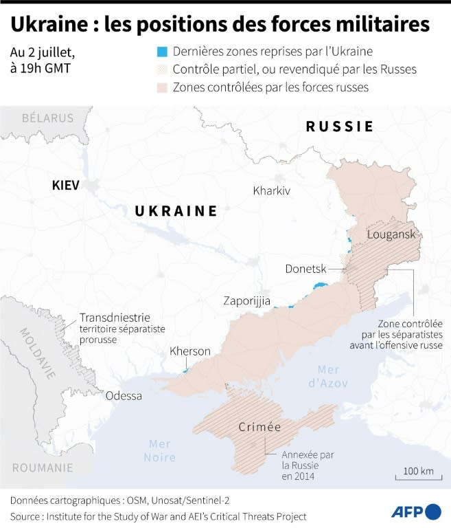 Carte des zones contrôlées par les forces ukrainiennes et russes en Ukraine au 2 juillet 2024 à 19h GMT (Valentin RAKOVSKY)