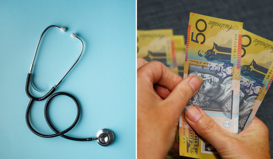 Compilation image of healthcare stethoscope on blue background alongside image of counting Australian $50 notes.