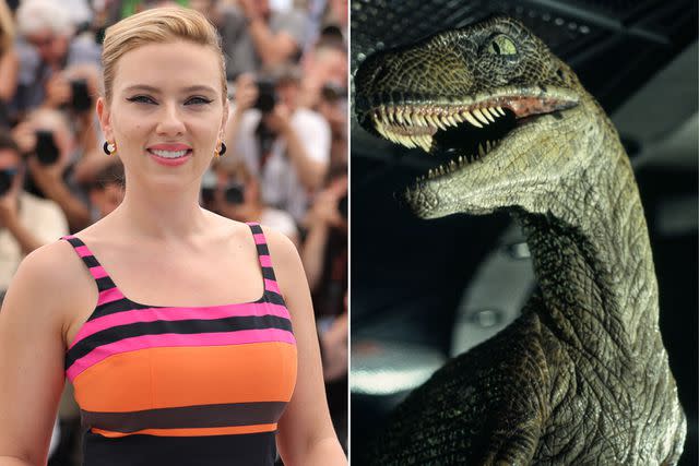 <p>Getty; Everett</p> Scarlett Johansson and a velociraptor from 'Jurassic Park'