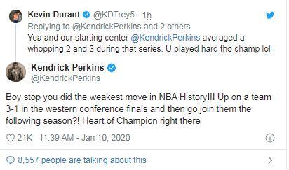 Perkins重砲批評Durant轉隊勇士的行為。（圖／翻攝自推特）