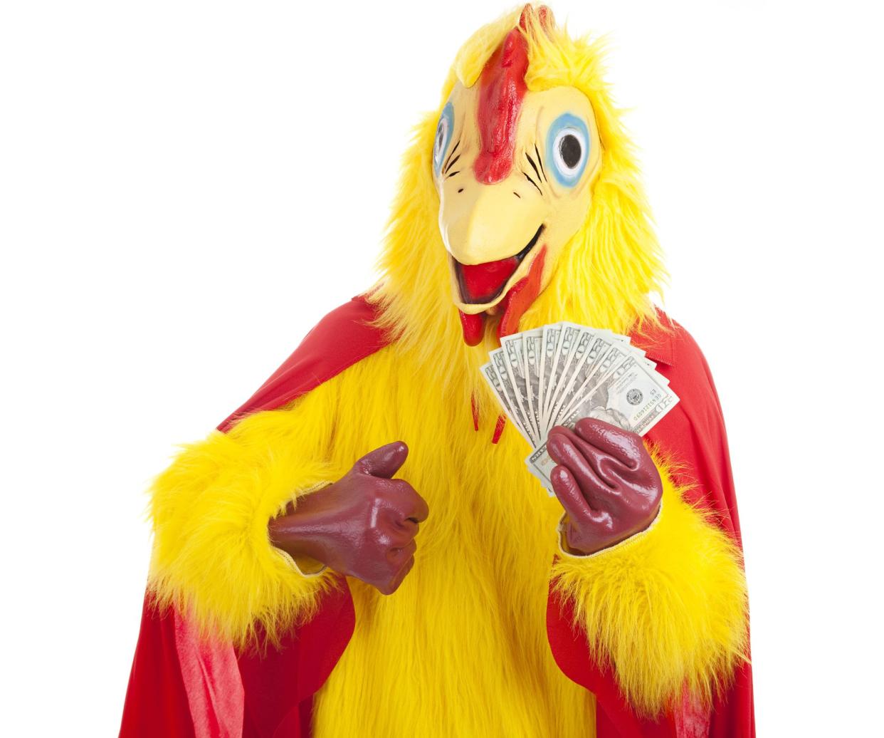 Man in chicken suit holding money