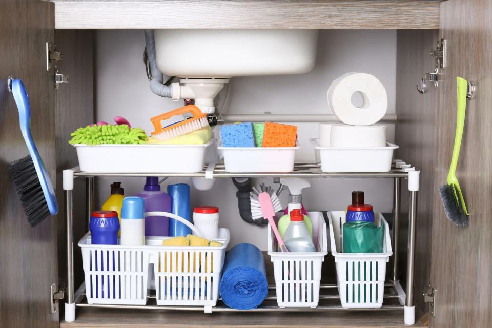 how to organize kitchen cabinets cleaning supplies under sink