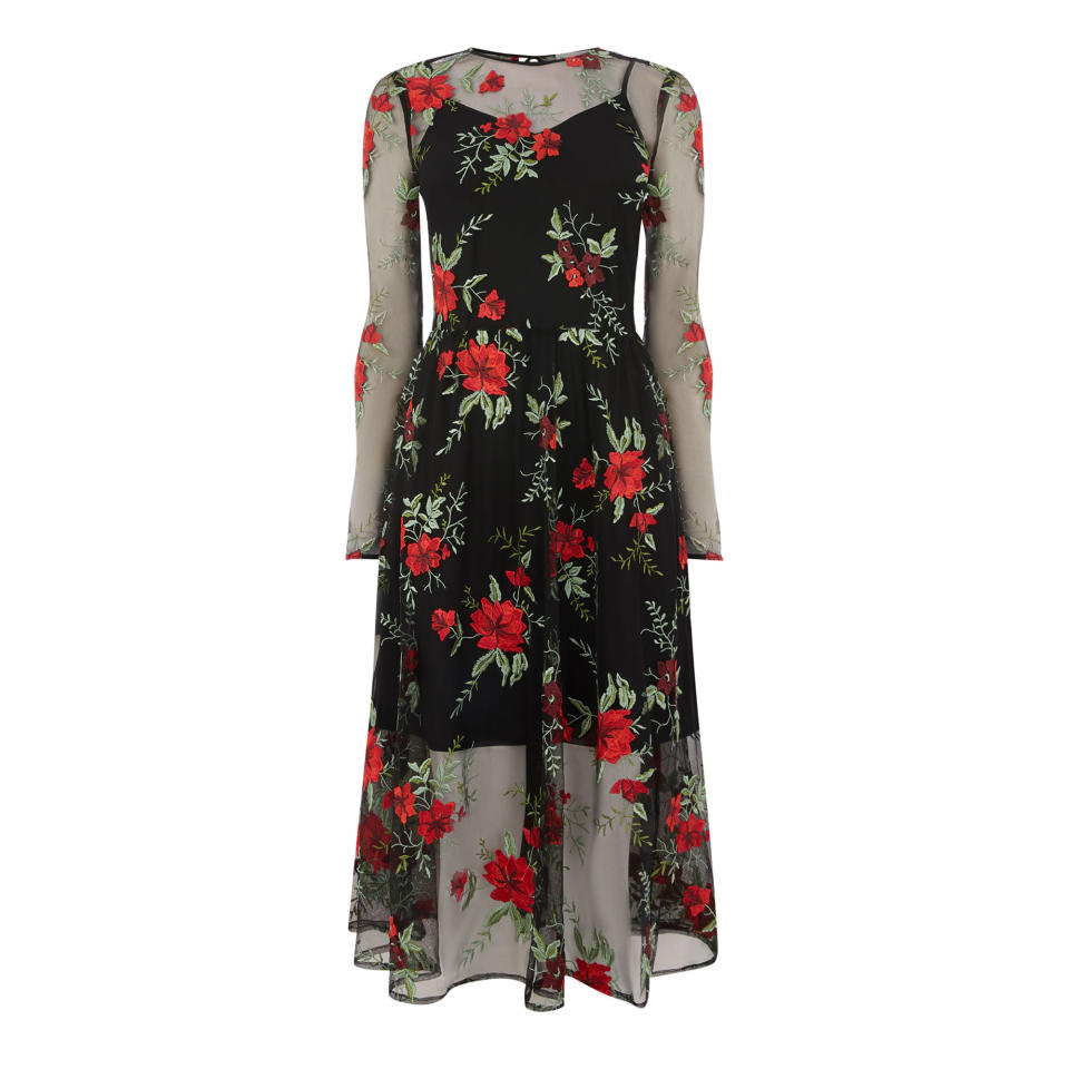 <p>Warehouse has seriously upped its fashion game this season and we have our eyes on this sheer floral dress. Now all we need is an invitation somewhere fancy… <br><em><a rel="nofollow noopener" href="http://www.warehouse.co.uk/gb/clothing/dresses/floral-embroidered-midi-dress/029937.html?dwvar_029937_color=99&position=155&cgid=dresses#sz=60&plpPosition=144&start=155&categoryID=dresses" target="_blank" data-ylk="slk:Warehouse;elm:context_link;itc:0;sec:content-canvas" class="link ">Warehouse</a>, £99</em> </p>