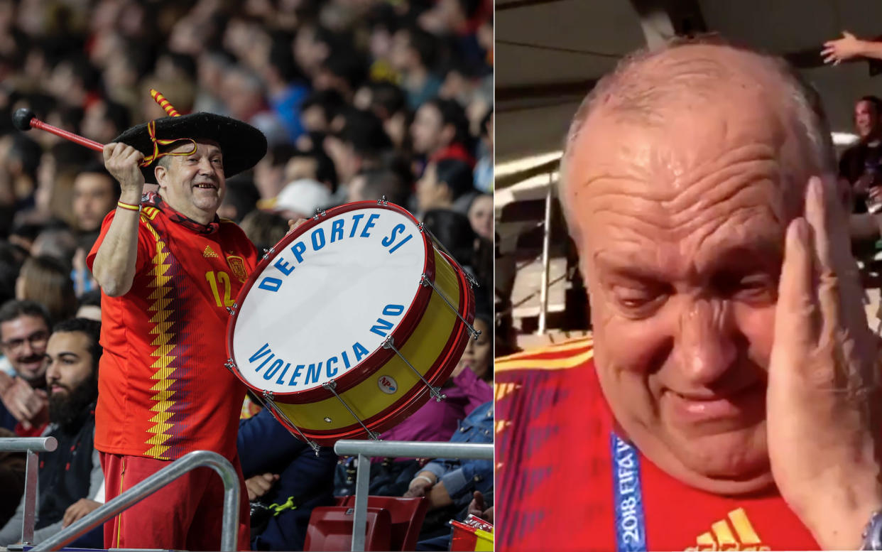 Manolo el del bombo durante el Portugal-España (izquierda). Llorando durante una entrevista. | Foto: Getty