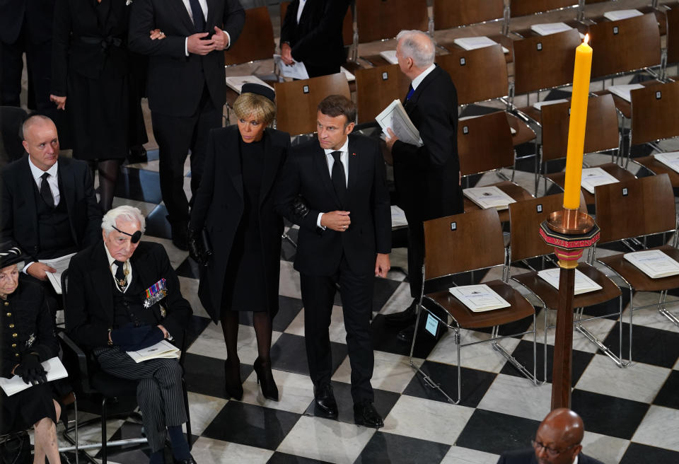 <p>French President Emmanuel Macron and wife Brigitte arrive ahead of the state funeral and burial of Queen Elizabeth II at Westminster Abbey on Sept. 19, 2022 in London, England. Elizabeth Alexandra Mary Windsor was born in Bruton Street, Mayfair, London on April 21, 1926. She married Prince Philip in 1947 and ascended the throne of the United Kingdom and Commonwealth on Feb. 6, 1952 after the death of her Father, King George VI. Queen Elizabeth II died at Balmoral Castle in Scotland on Sept. 8, 2022, and is succeeded by her eldest son, King Charles III. (Photo by Gareth Fuller - WPA Pool/Getty Images)</p> 