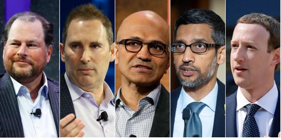 a composite showing big tech ceos Marc Benioff, Andy Jassy, Satya Nadella, Sundar Pichai, Mark Zuckerberg