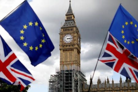 FILE PHOTO: Union Flags and European Union flags fly near the Elizabeth Tower, housing the Big Ben bell in Parliament Square in central London, Britain September 9, 2017.   REUTERS/Tolga Akmen/File Photo