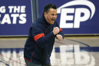 Arizona head coach Sean Miller reacts to a play against Arizona State during the first half of an NCAA college basketball game, Monday, Jan. 25, 2021, in Tucson, Ariz. (AP Photo/Rick Scuteri)