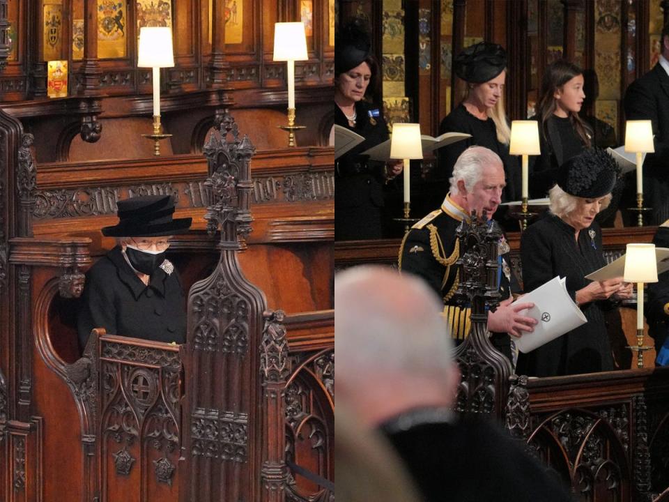 the queen at philips funeral and charles and other royals at the queen's funeral