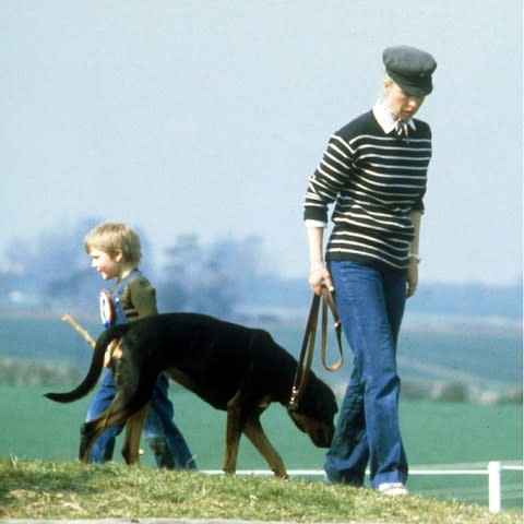 Princess Anne accessorises her stripe knit and jeans with a neckerchief and tweed cap at Badminton in the 80s - Credit: Rex