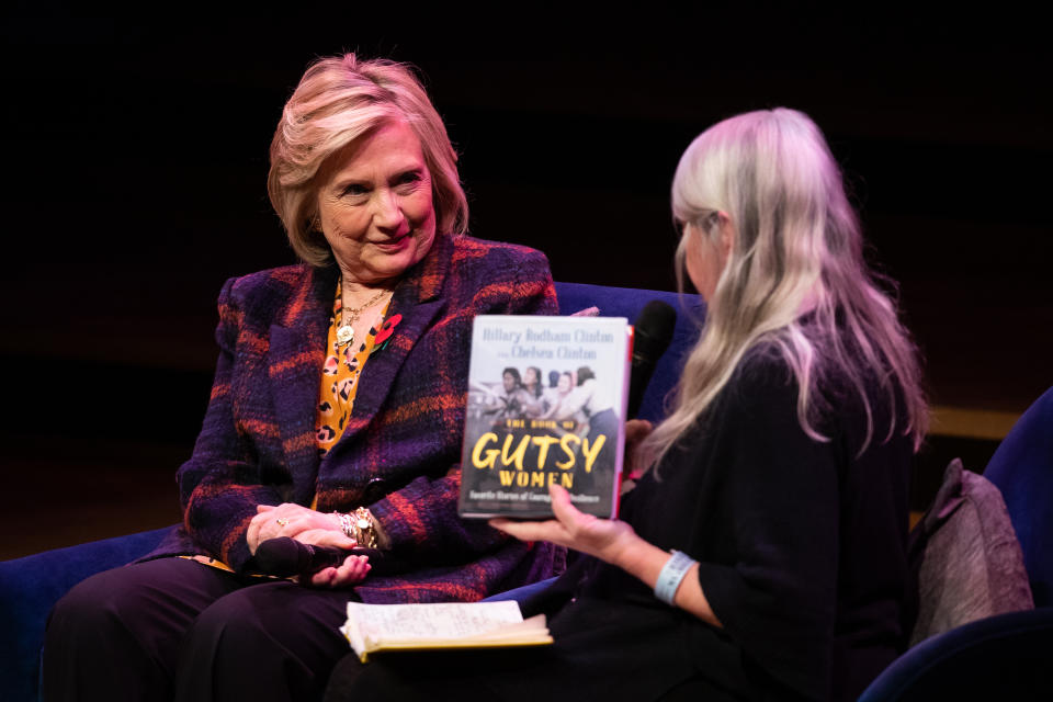 Hillary Clinton (left) talking to Mary Beard at the Southbank Centre in London at the launch of Gutsy Women: Favourite Stories of Courage and Resilience a book by Chelsea Clinton and Hillary Clinton about women who have inspired them. PA Photo. Picture date: Sunday November 10, 2019. Photo credit should read: Aaron Chown/PA Wire (Photo by Aaron Chown/PA Images via Getty Images)