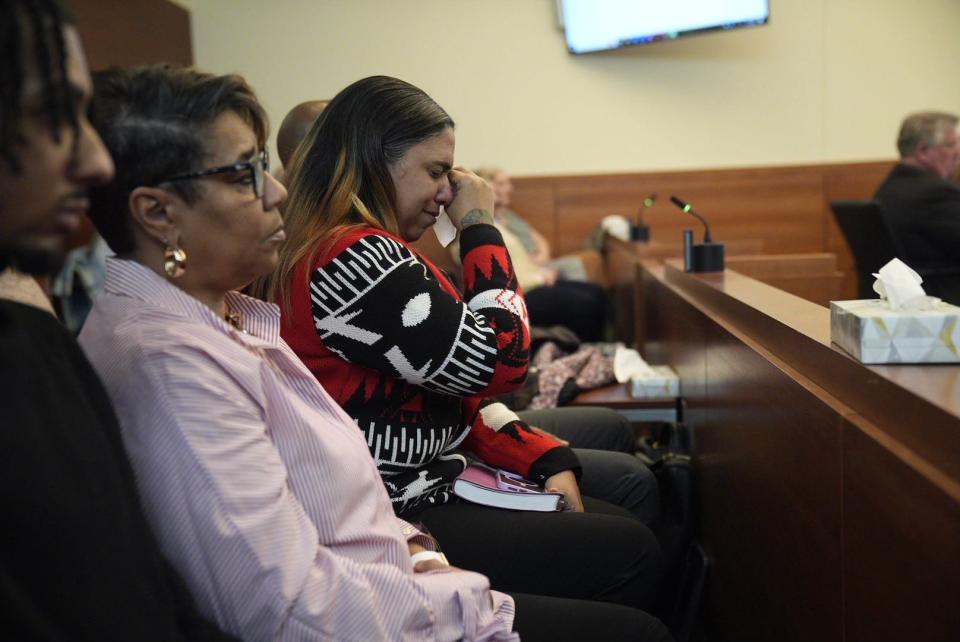 Tamala Payne, Casey Goodson Jr.'s mother, reacts as special prosecutor Tim Merkle gives closing arguments in the murder trial of former Franklin County Sheriff's deputy Jason Meade, who is charged with murder and reckless homicide in connection with Goodson's death.