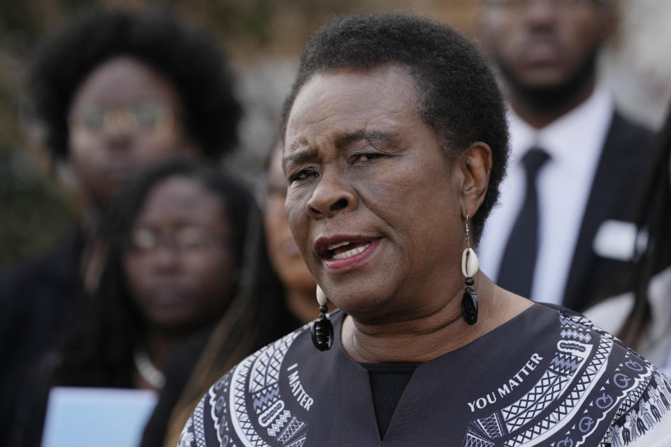 Carol Blackmon, Mississippi Coordinator for Black Voters Matter, joins members of other voting rights groups at a news conference in Jackson, Miss., on Thursday, Dec. 7, 2023, (AP Photo/Rogelio V. Solis)