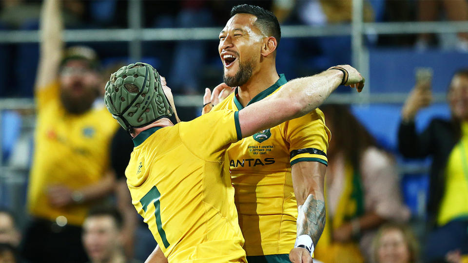 David Pocock celebrating with Israel Folau for the Wallabies.