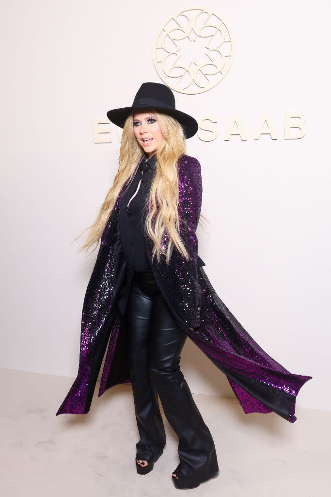 Avril Lavigne attends the Elie Saab Haute Couture Fall/Winter 2024-2025 show as part of Paris Fashion Week in platform sandals, leather sandals, Avril Lavigne shoes