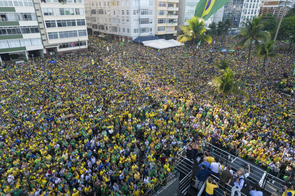 President Jair Bolsonaro delivers a speech to supporters in Copacabana beach during the independence bicentennial celebrations in Rio de Janeiro, Brazil, Wednesday, Sept. 7, 2022. (AP Photo/Rodrigo Abd)