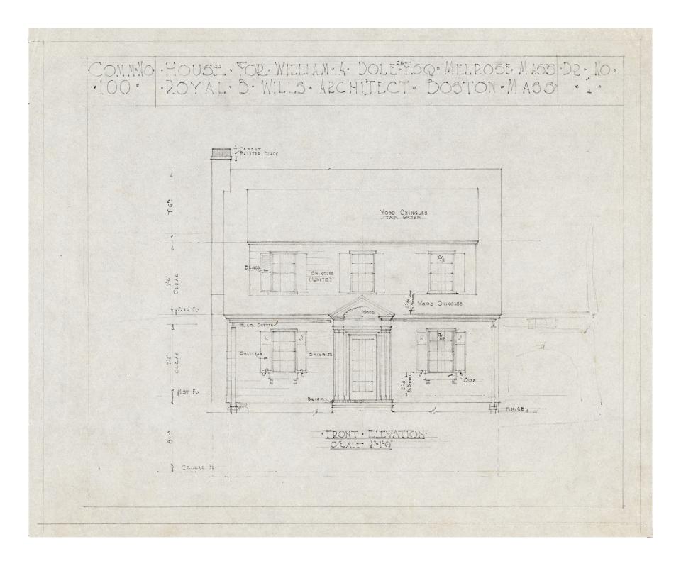 Drawings of the elevation for what may be the first Wills house ever built. The home was designed for William A. Dole Jr. of Melrose, Massachusetts, circa 1925.