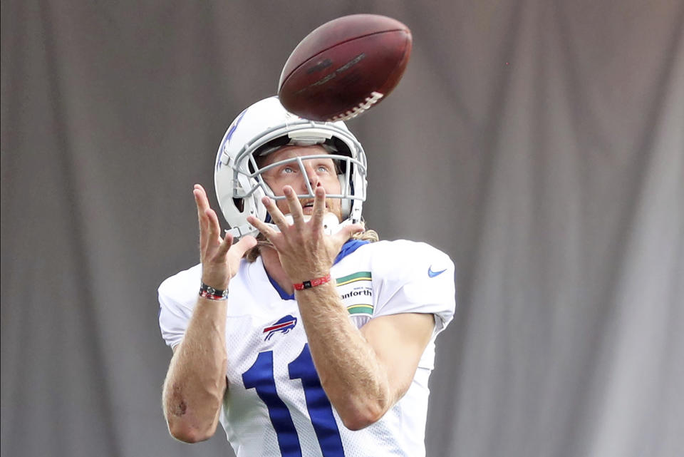 FILE - Buffalo Bills wide receiver Cole Beasley (11) catches a pass during an NFL football training camp in Orchard Park, N.Y., Monday, Aug. 24, 2020. Beasley wouldn’t go so far as to call it an epiphany in determining he’s going to focus less on personal production and more on team goals. (James P. McCoy/Buffalo News via AP, Pool, File)