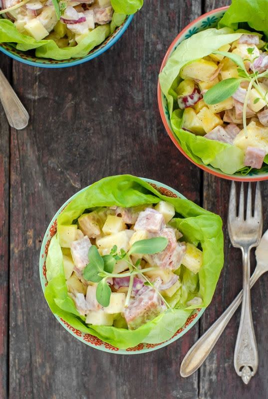 <p>Boulder Locavore</p><p>A fun twist on the traditional versions that is delicious any time of the year, but especially perfect when using up extra holiday ham.</p><p><strong>Get the recipe: <a href="https://boulderlocavore.com/hawaiian-chopped-ham-salad/" rel="nofollow noopener" target="_blank" data-ylk="slk:Hawaiian Chopped Ham Salad;elm:context_link;itc:0;sec:content-canvas" class="link ">Hawaiian Chopped Ham Salad</a></strong></p>