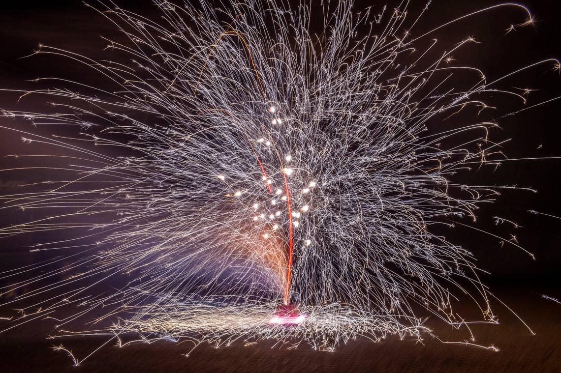 The Radioactive Spark Fountain, a Phantom Firework that carries the “safe and sane” seal, ends with a spinning finale during a test at Sacramento Fire Department Station 4 in 2019.