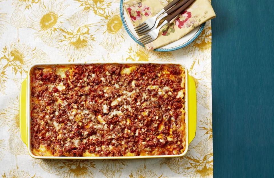 the best lasagna ever in yellow baking dish