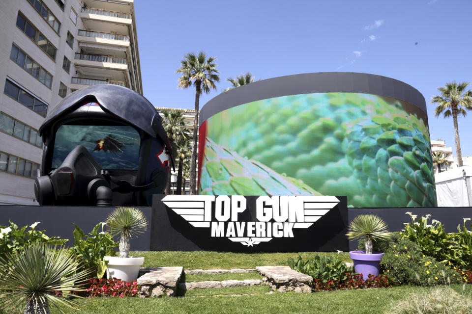 An installation for the film "Top Gun: Maverick" is seen at The Grand Hotel during preparations for the 75th international film festival, Cannes, southern France, Monday, May 16, 2022. The Cannes film festival runs from May 17 until May 28. (Photo by Vianney Le Caer/Invision/AP)