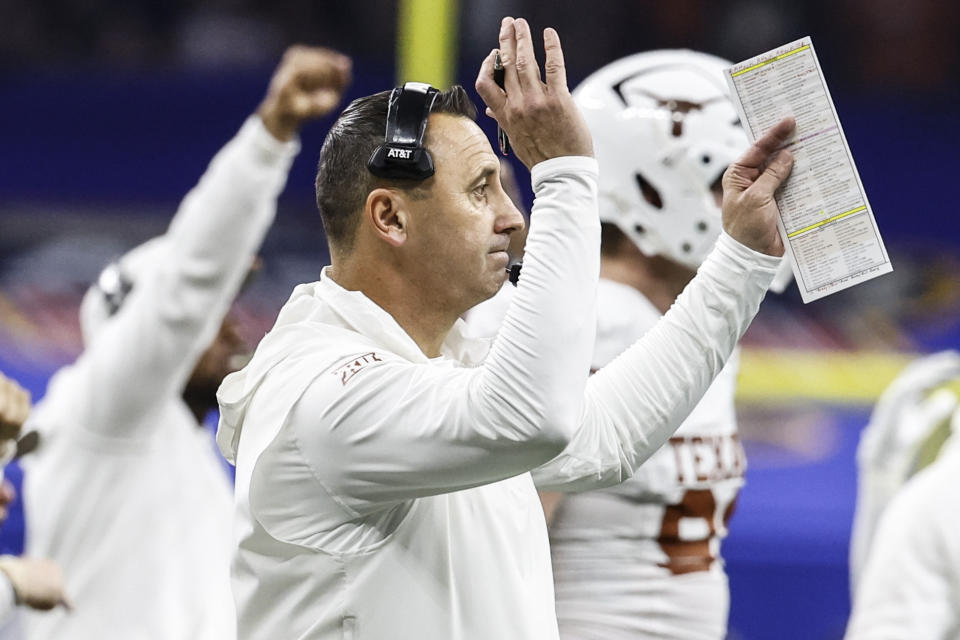 Texas head coach Steve Sarkisian reacts to a Texas stop of Washington during the first half of the Sugar Bowl CFP NCAA semifinal college football game, Monday, Jan. 1, 2024, in New Orleans. (AP Photo/Butch Dill)