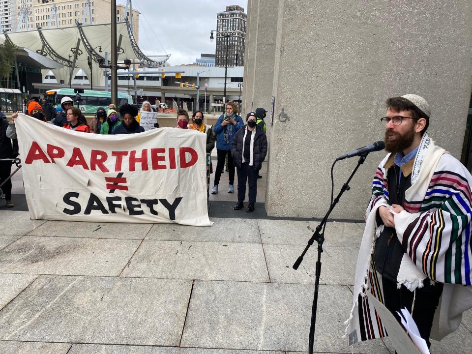 “I came out to tell our elected leaders who support this genocidal war with words, weapons, and our tax dollars, that it is an affront to our Jewish tradition, which teaches that every death is the loss of an entire world,” said protester Jake Ehrlich.