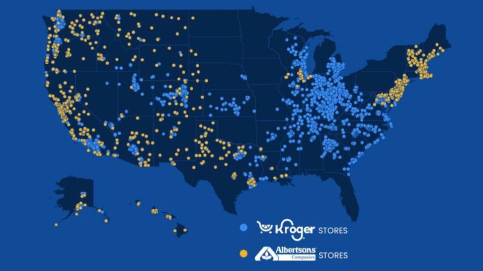 Under Kroger’s plan to buy Albertsons, the combined company would have stores in 48 states, excluding only Minnesota and Iowa, though some stores would be sold to offset antitrust concerns.