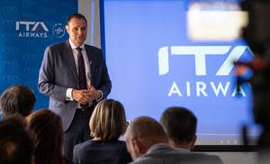 Andrew Bunn, Country Manager UK, Ireland and Nordics at ITA Airways, speaks at a press event at the Italian Chamber Of Commerce and Industry ahead of their participation at the Business Travel Show Europe on Tuesday, June 28, 2022, in London. Bunn was announced as the new Country Manager for the UK. (Michael Knief/AP Images for ITA Airways)