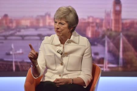 Britain's Prime Minister Theresa May appears on the BBC's Andrew Marr Show in London, Britain July 15, 2018. Jeff Overs/BBC Handout via REUTERS