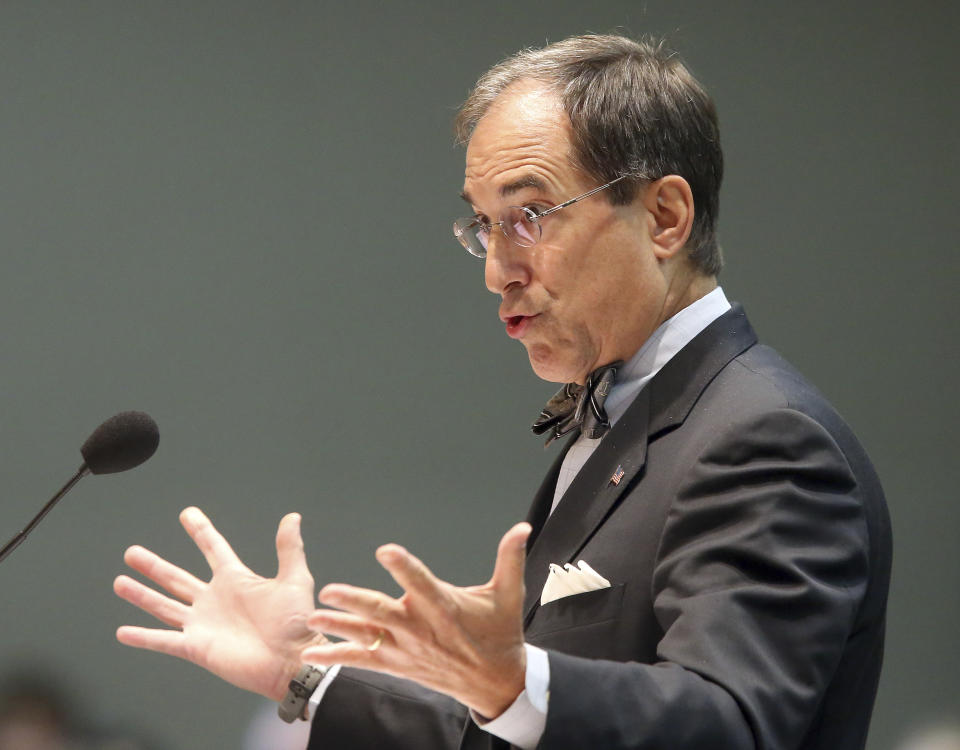 Attorney Benedict Knuhne, representing former Sheriff Scott Israel, speaks to the Senate Rules Committee concerning Gov. Ron DeSantis' dismissal of his client, Monday Oct. 21, 2019, in Tallahassee, Fla. (AP Photo/Steve Cannon)