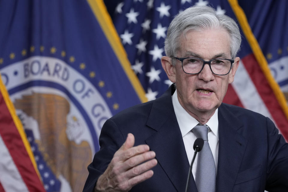 Federal Reserve Chair Jerome Powell speaks during a news conference at the Federal Reserve in Washington, Wednesday, Nov. 1, 2023. The Federal Reserve kept its key short-term interest rate unchanged Wednesday for a second straight time but left the door open to further rate hikes if inflation pressures should accelerate in the months ahead.(AP Photo/Susan Walsh)