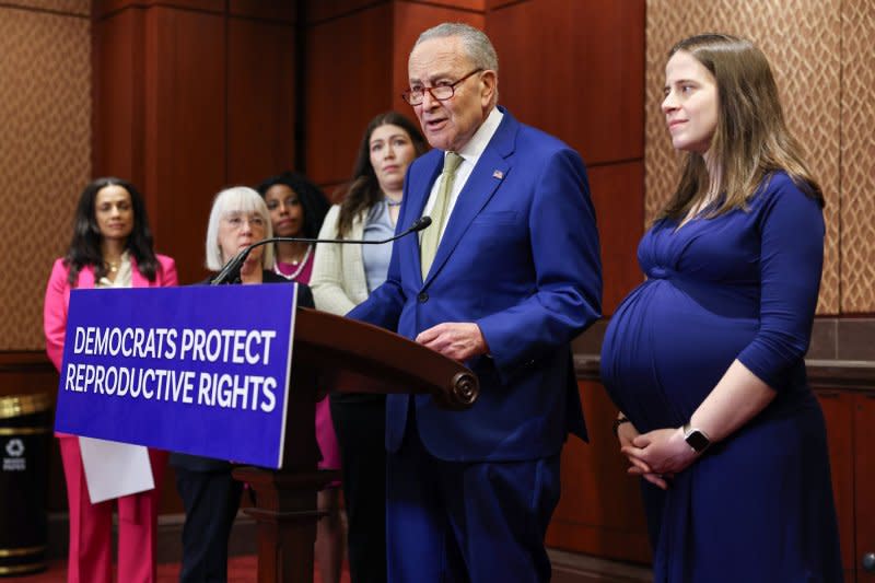 "Protecting IVF, like protecting contraception, is not a show vote," Senate Majority Leader Chuck Schumer, D-N.Y., said earlier. "Every single Republican needs to answer clearly for the record: Do you want our laws to protect IVF or do you want laws that say frozen embryos have the same rights as living, human beings? You cannot have both." File Photo by Jemal Countess/UPI