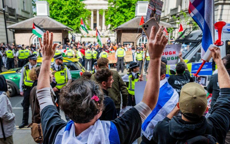 The view of the pro-Palestine demonstration seen from the pro-Israel side, at UCL in London