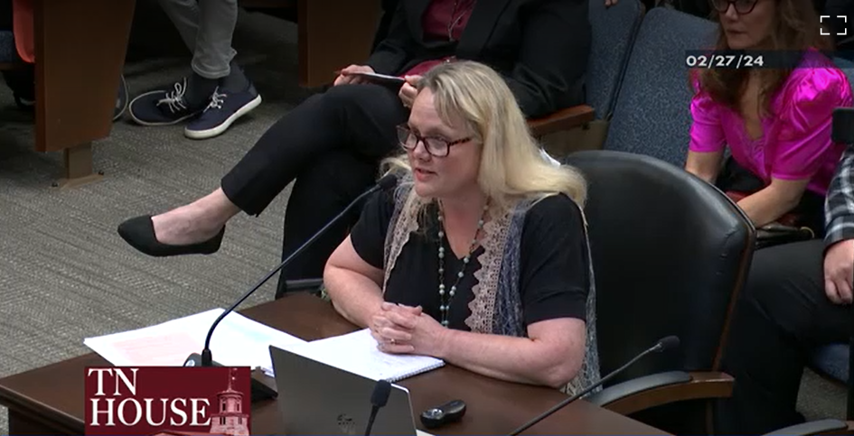 Tiffany Boyd, who founded the organization Free Your Children, testifies before members of the Tennessee House during a committee meeting on Feb. 27, 2024, in the Cordell Hull Office Building in Nashville, Tenn.