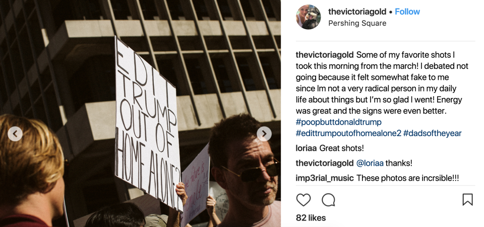 Donald Trump’s brief cameo in <em>Home Alone 2</em> was criticized by at least one sign at the Women’s March in Los Angeles earlier this year. (Photo: Instagram/@thevictoriagold)