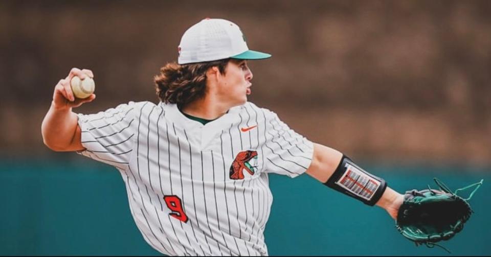 Florida A&M pitcher Caleb Granger pitches against the Grambling State Tigers in the Ralph Garr-Bill Lucas HBCU Baseball Classic on Coolray Field in Lawrenceville, Georgia, Saturday, March 2, 2024.