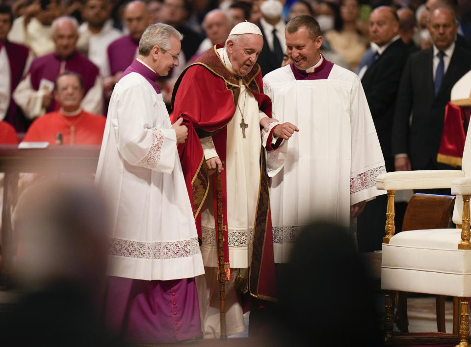 Pope Francis arrives to celebrate a Mass during the Solemnity of Saints Peter and Paul, in St. Peter's Basilica at the Vatican, Wednesday, June 29, 2022. (AP Photo/Alessandra Tarantino)