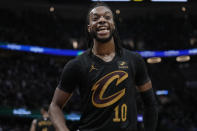 Cleveland Cavaliers guard Darius Garland celebrates in the second half of Game 7 of an NBA basketball first-round playoff series against the Orlando Magic, Sunday, May 5, 2024, in Cleveland. (AP Photo/Sue Ogrocki)