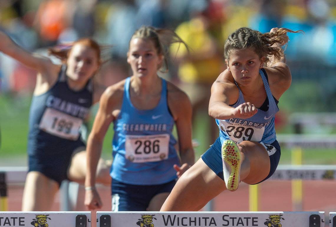 Clearwater’s Madison Williams wins the  class 4A 100 meter hurdles during the state track and field championships at Cessna Stadium on Saturday. 