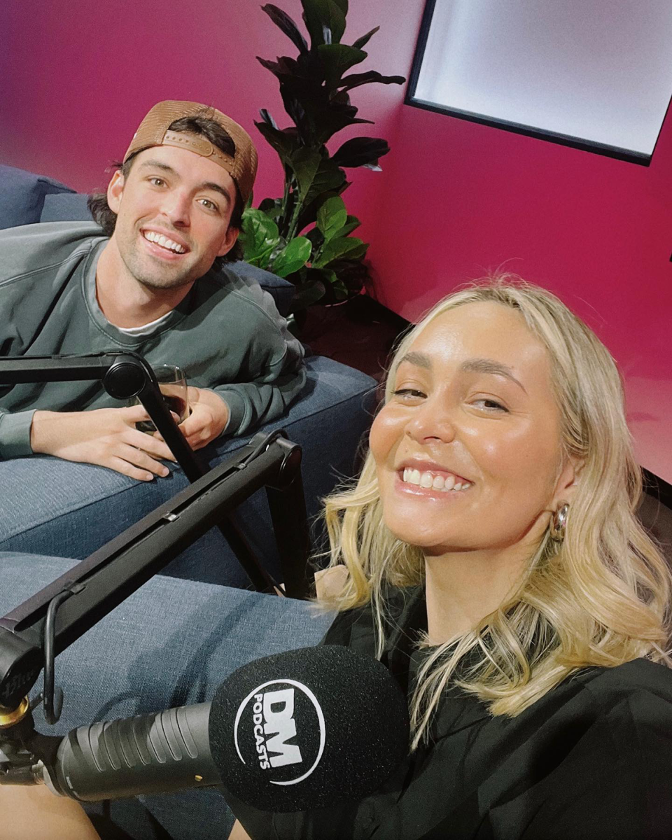 MAFS' Ollie Skelton and Tahnee Cook recording her podcast.