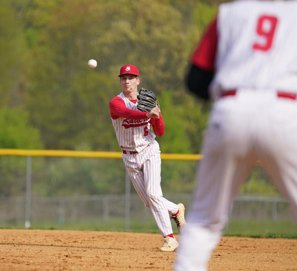 North Rockland second baseman Logan Kapusinsky (6) fires a throw to first baseman Nate MacAlpin (9) during their 9-1 win over Suffern in baseball action at North Rockland High School on Thursday, April 27, 2023.