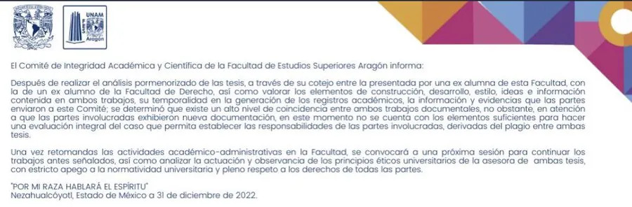 Comunicado de FES Aragón sobre presunto plagio de Yasmín Esquivel