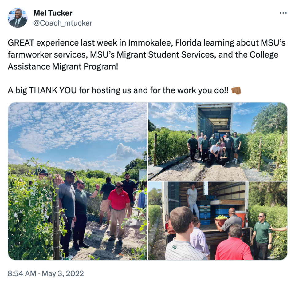 Mel Tucker tweeted photos of his April 28, 2022, visit to a farm for a Michigan State University migrant student services event in Immokalee, Florida, but later told the college's independent investigator that his trip was not work-related.