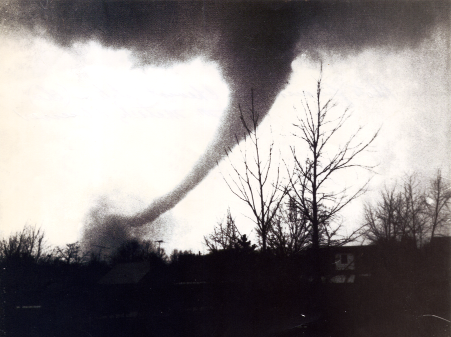 <em>A photograph of a tornado (F5) moving through the Bridgetown area in Hamilton County, east of Mack, after striking Sayler Park, taken by Frank Altenau. (NWS Wilmington collection)</em>