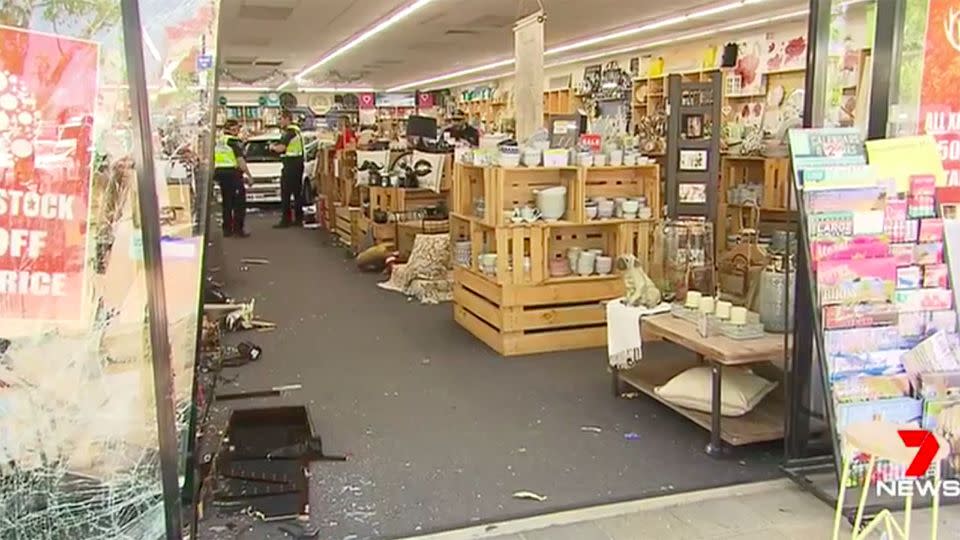 The small hatchback sped through the Discount Store at great speed according to witnesses. Source: 7 News