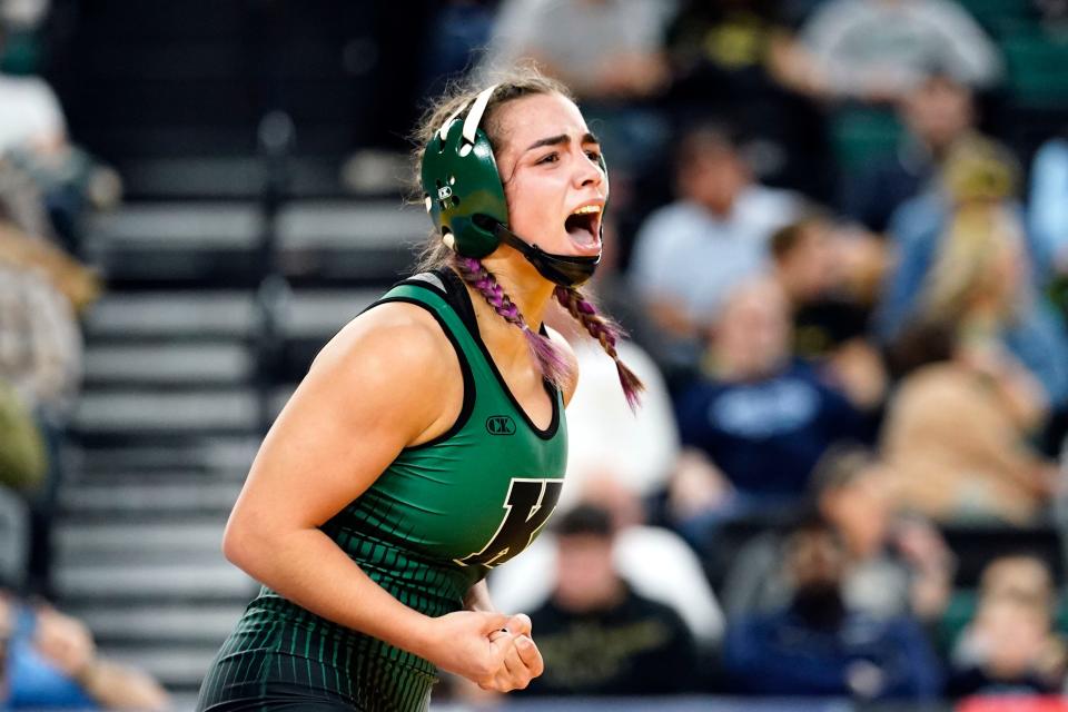 Kayla Vazquez of Kinnelon defeats Maya Hemo of Cherry Hill East (not pictured) in the 132-pound state wrestling final at Boardwalk Hall in Atlantic City on Saturday, March 4, 2023.