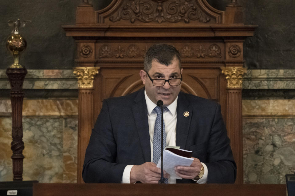 Pennsylvania House Speaker Mark Rozzi, D-Berks, presides over a session of the House of Representatives Tuesday, Feb. 21, 2023 at the Pennsylvania Capitol in Harrisburg, Pa.(AP Photo/Matt Rourke)