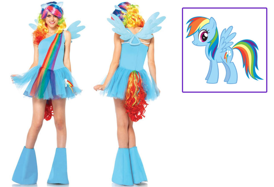 <p>My Little Pony is all about giving young girls positive messages about friendship, respect, and individuality. So it's regrettable that this costume dumps that and promotes looking hot, instead. It's a gross mash-up of cutesy and sexy that should not exist.<br><br> (Credit: <a rel="nofollow noopener" href="https://www.costumesupercenter.com/products/sexy-my-little-pony-rainbow-dash-costume?via=5740cafb69702d47f801b82a%2C5740cafb69702d47f801b8a4%2C5740cb0d69702d47f801d2d0" target="_blank" data-ylk="slk:CostumeSupercenter.com;elm:context_link;itc:0;sec:content-canvas" class="link ">CostumeSupercenter.com</a>/Hasbro) </p>